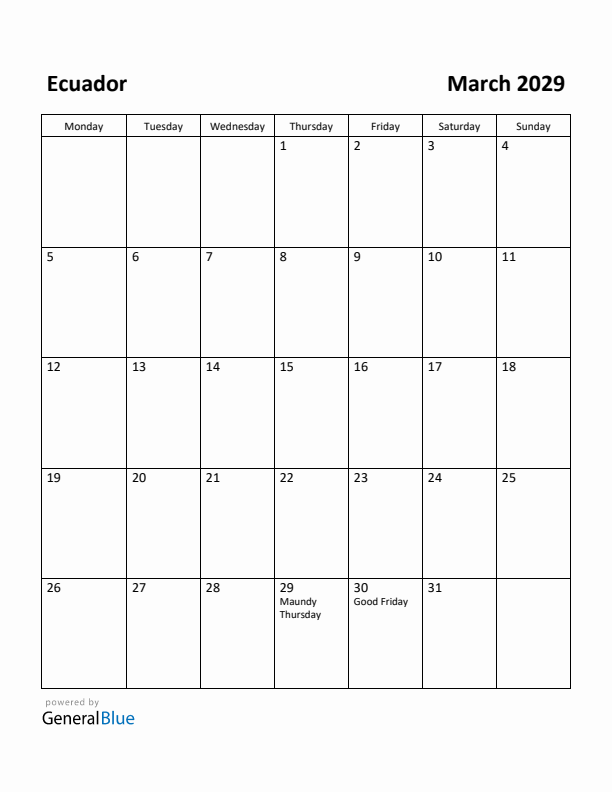 March 2029 Calendar with Ecuador Holidays