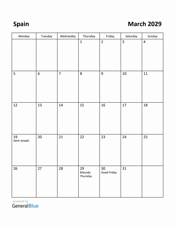 March 2029 Calendar with Spain Holidays