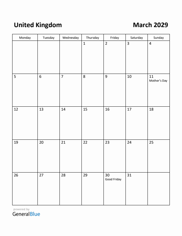 March 2029 Calendar with United Kingdom Holidays