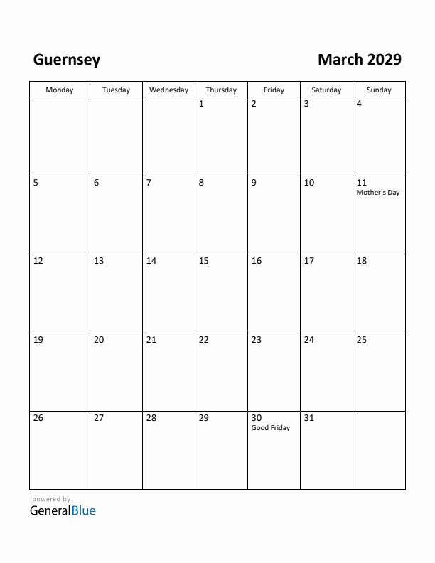 March 2029 Calendar with Guernsey Holidays