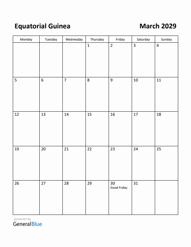 March 2029 Calendar with Equatorial Guinea Holidays