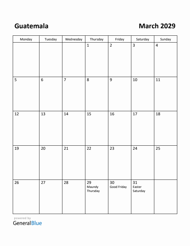 March 2029 Calendar with Guatemala Holidays