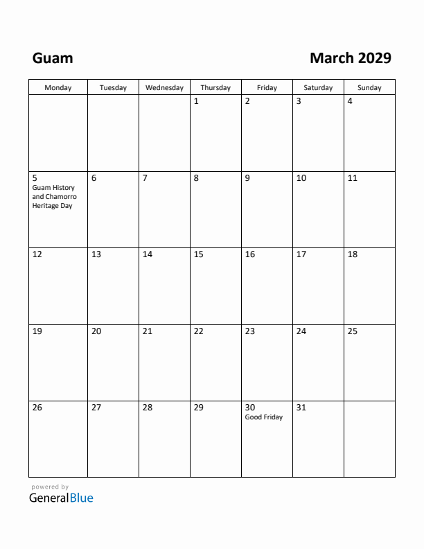 March 2029 Calendar with Guam Holidays