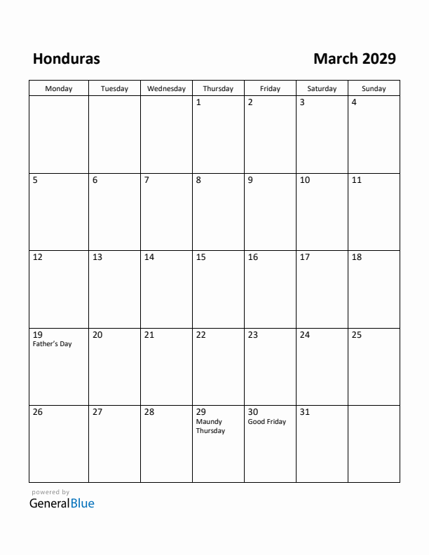 March 2029 Calendar with Honduras Holidays