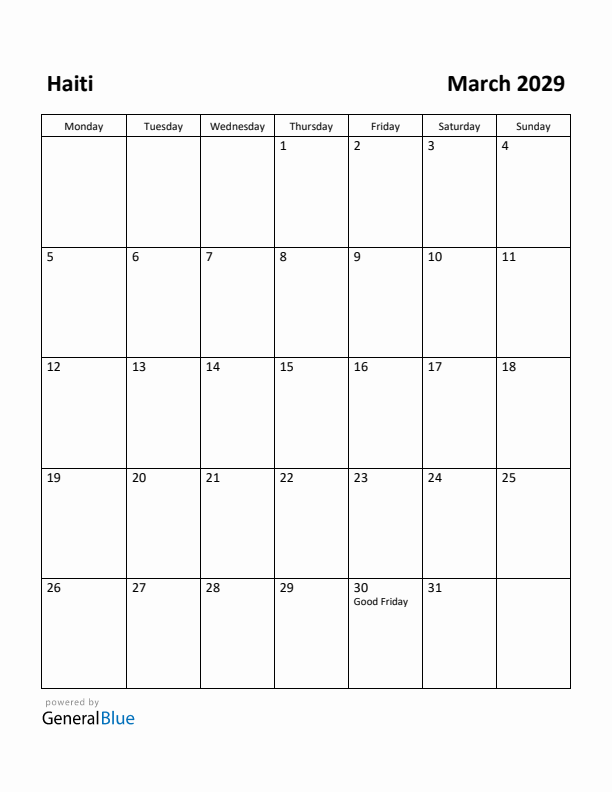 March 2029 Calendar with Haiti Holidays