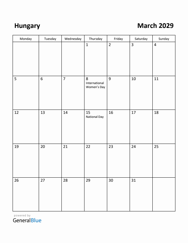 March 2029 Calendar with Hungary Holidays