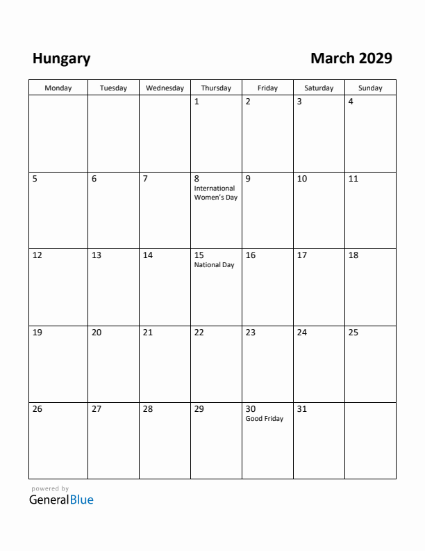 March 2029 Calendar with Hungary Holidays
