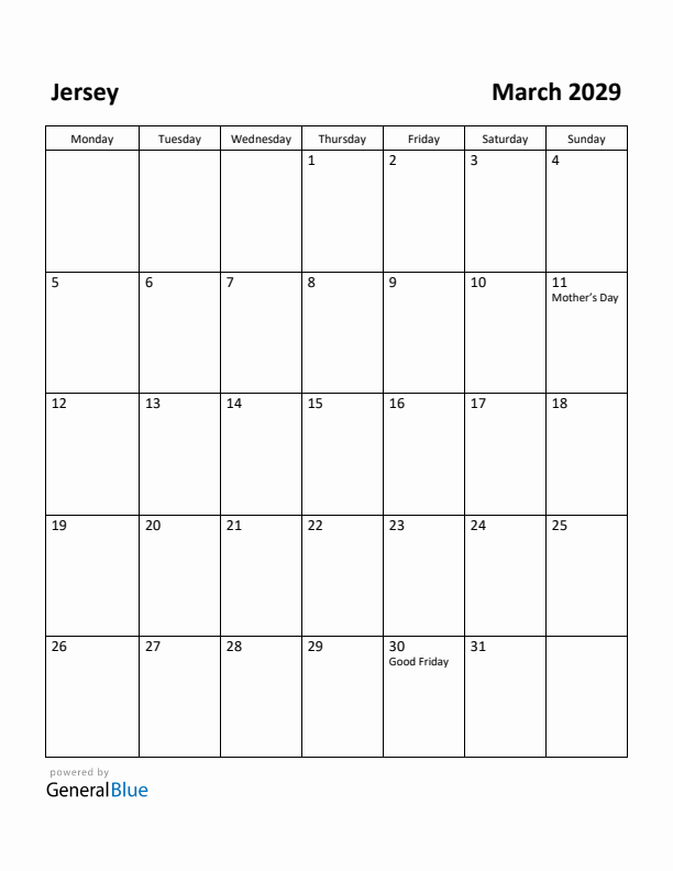 March 2029 Calendar with Jersey Holidays