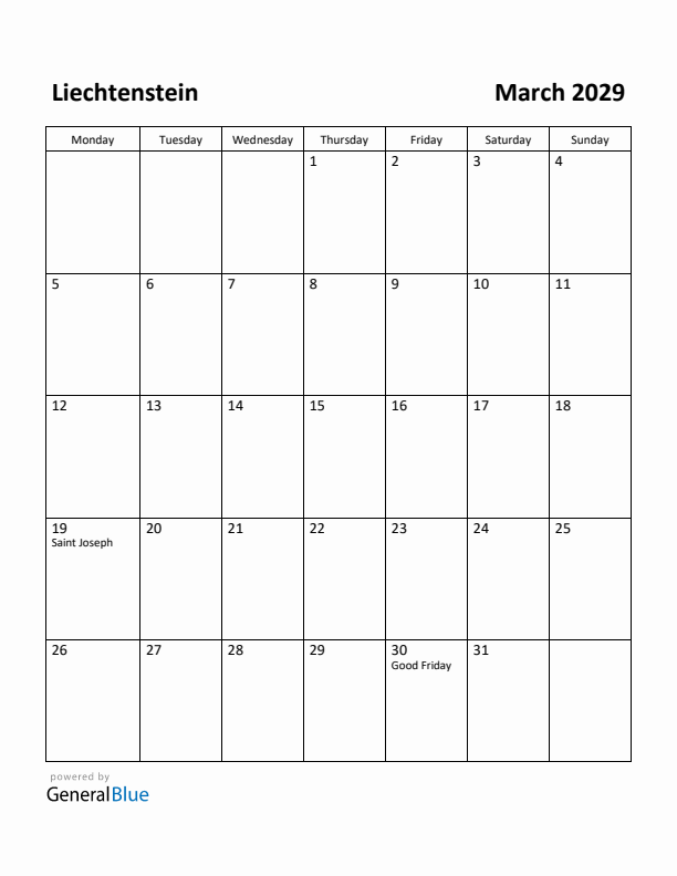March 2029 Calendar with Liechtenstein Holidays
