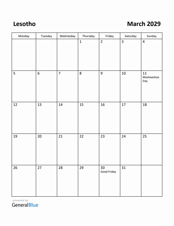 March 2029 Calendar with Lesotho Holidays