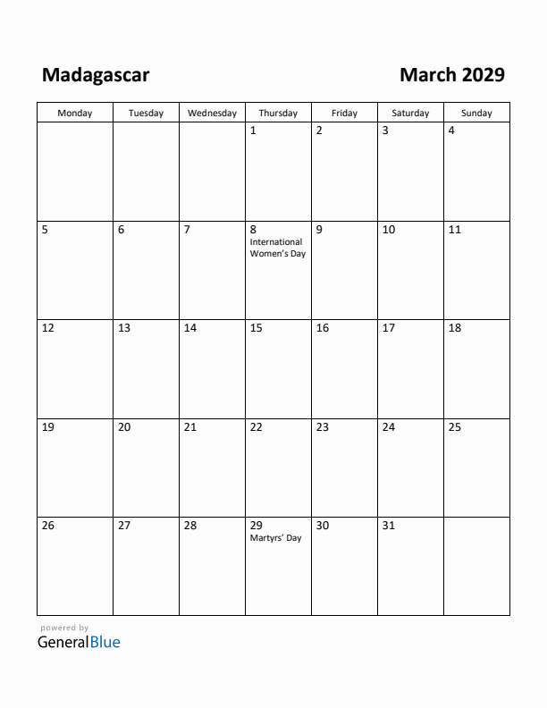March 2029 Calendar with Madagascar Holidays