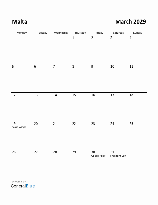 March 2029 Calendar with Malta Holidays