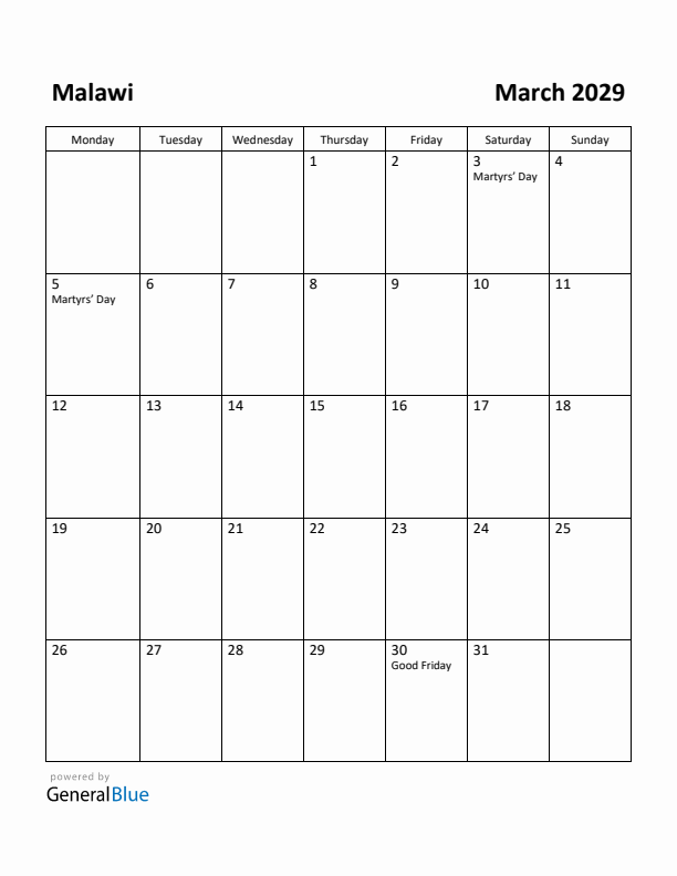 March 2029 Calendar with Malawi Holidays
