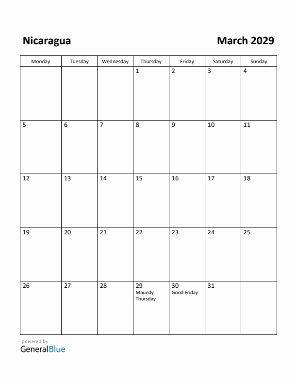 March 2029 Calendar with Nicaragua Holidays