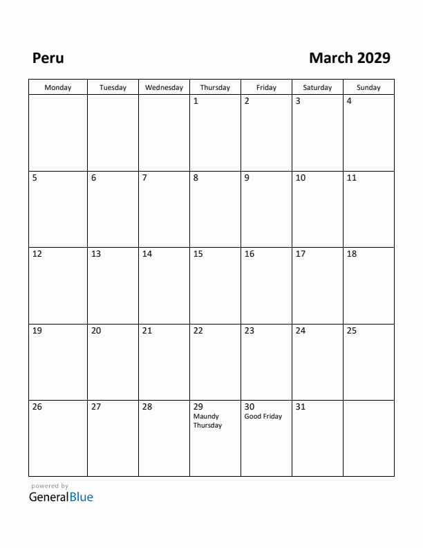 March 2029 Calendar with Peru Holidays