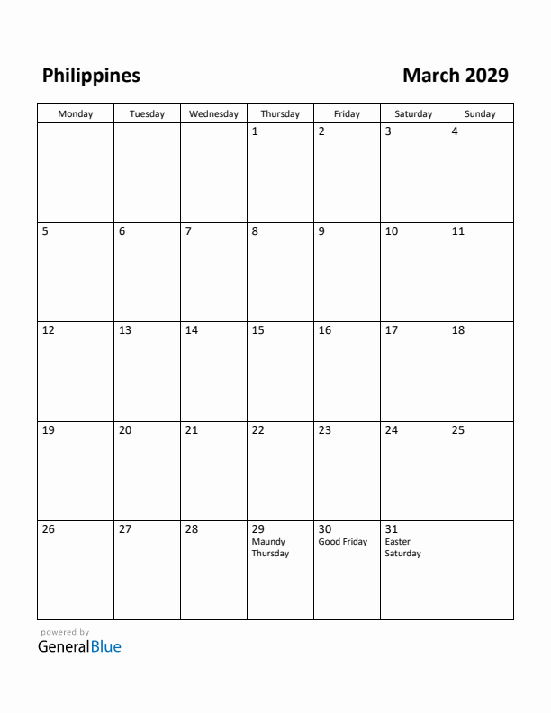 March 2029 Calendar with Philippines Holidays