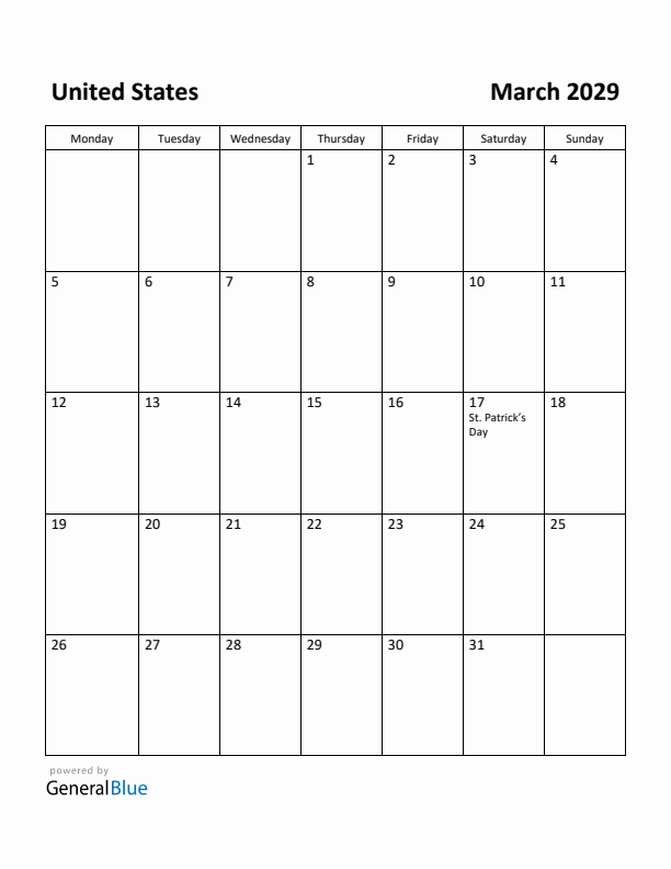 March 2029 Calendar with United States Holidays
