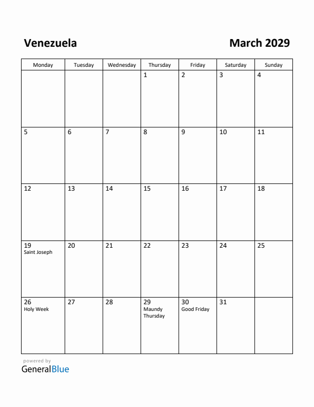 March 2029 Calendar with Venezuela Holidays