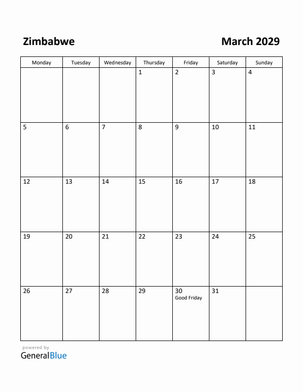 March 2029 Calendar with Zimbabwe Holidays