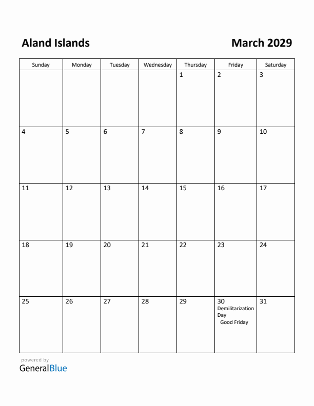 March 2029 Calendar with Aland Islands Holidays
