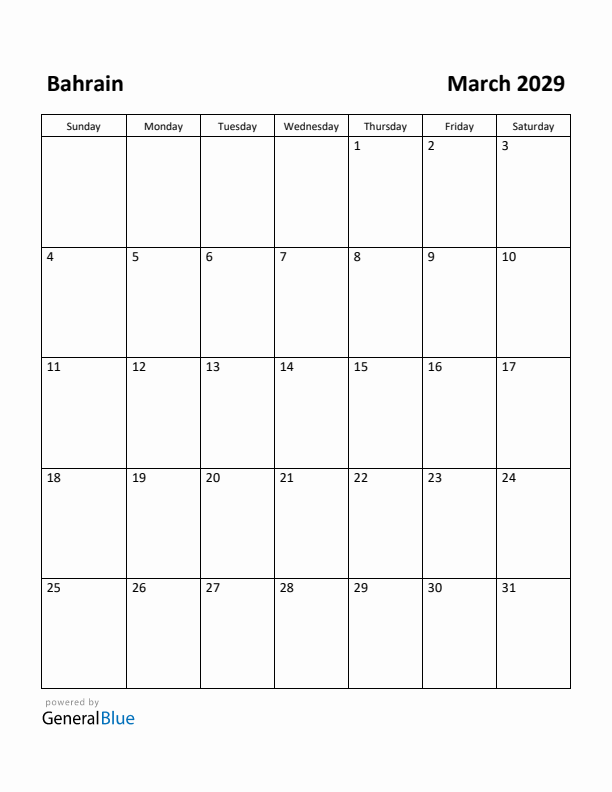 March 2029 Calendar with Bahrain Holidays