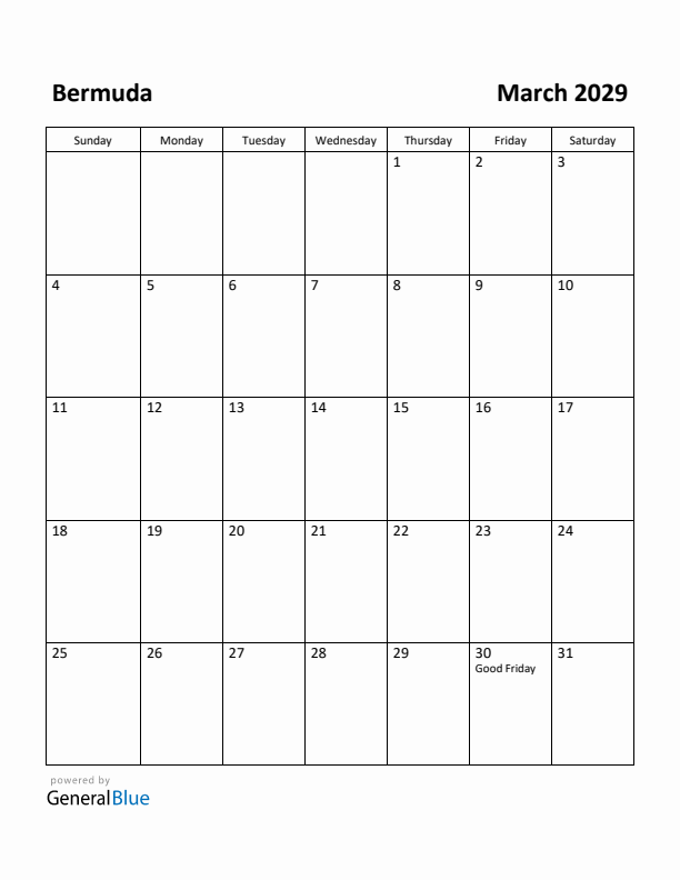 March 2029 Calendar with Bermuda Holidays