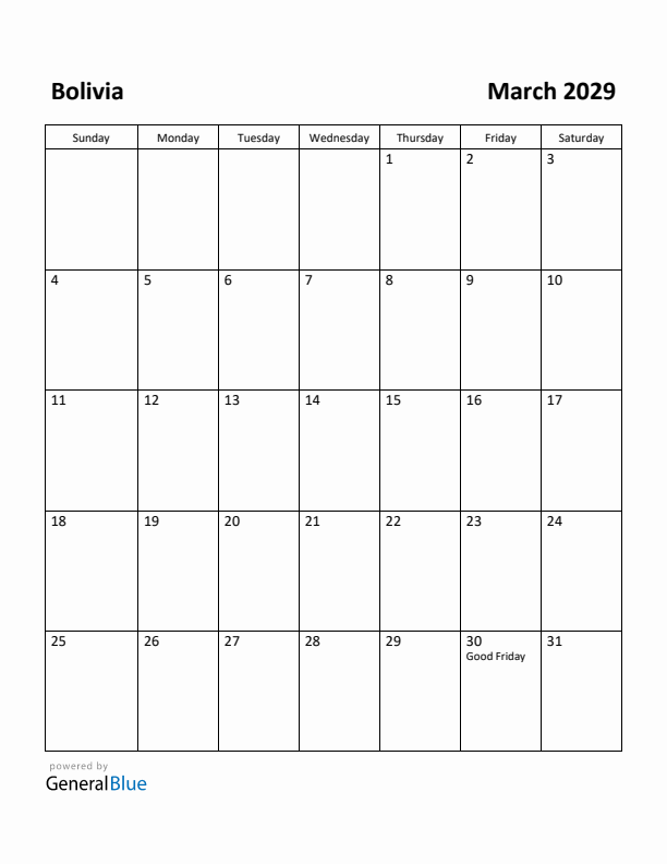 March 2029 Calendar with Bolivia Holidays