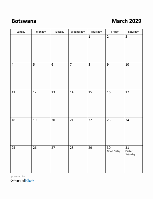 March 2029 Calendar with Botswana Holidays