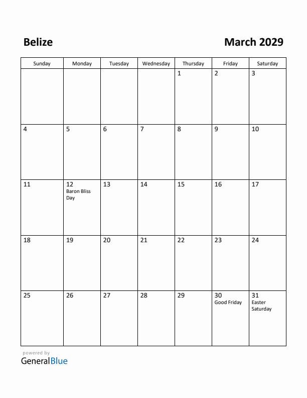 March 2029 Calendar with Belize Holidays