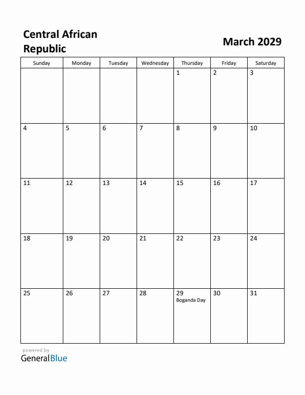 March 2029 Calendar with Central African Republic Holidays