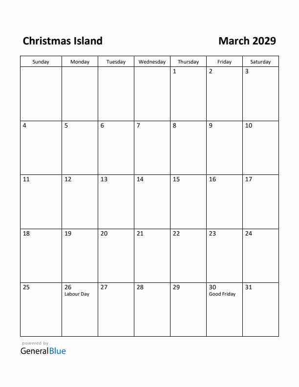 March 2029 Calendar with Christmas Island Holidays