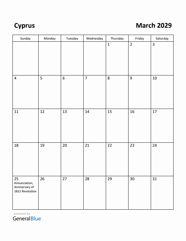 March 2029 Calendar with Cyprus Holidays