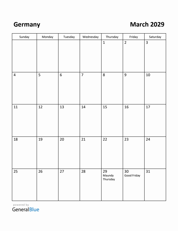 March 2029 Calendar with Germany Holidays