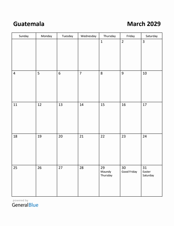 March 2029 Calendar with Guatemala Holidays