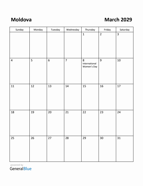 March 2029 Calendar with Moldova Holidays