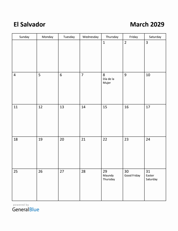 March 2029 Calendar with El Salvador Holidays