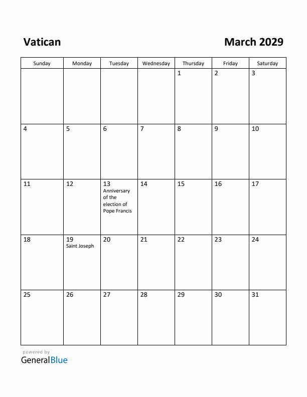 March 2029 Calendar with Vatican Holidays