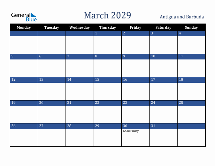 March 2029 Antigua and Barbuda Calendar (Monday Start)