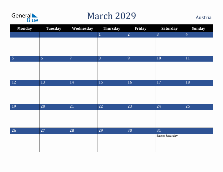 March 2029 Austria Calendar (Monday Start)