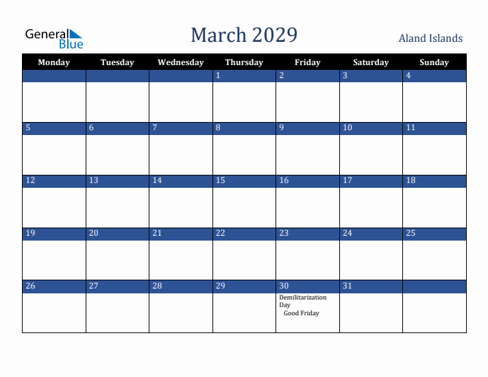 March 2029 Aland Islands Calendar (Monday Start)