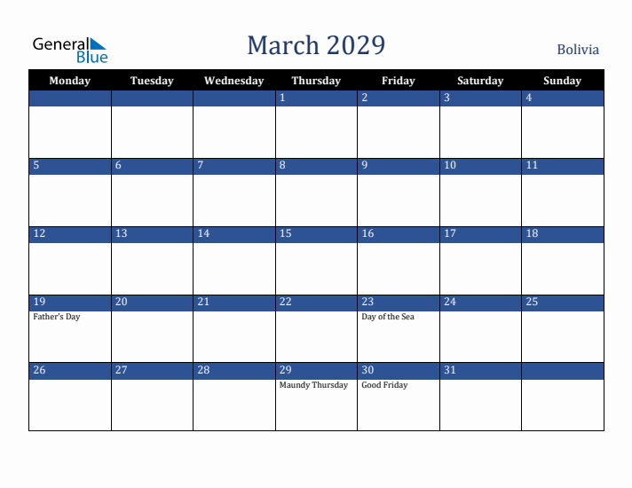 March 2029 Bolivia Calendar (Monday Start)