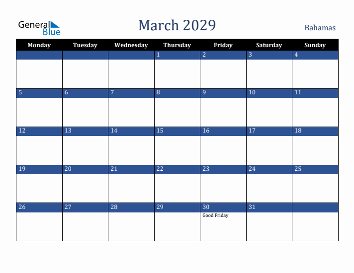 March 2029 Bahamas Calendar (Monday Start)