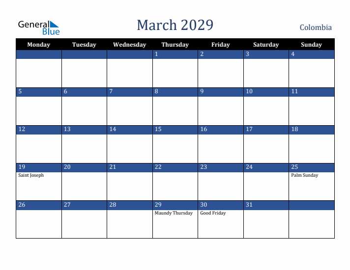 March 2029 Colombia Calendar (Monday Start)