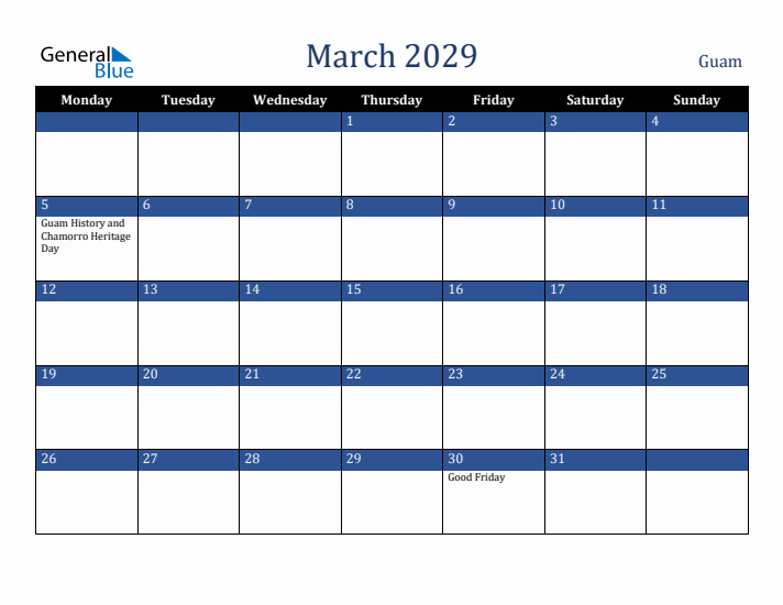 March 2029 Guam Calendar (Monday Start)