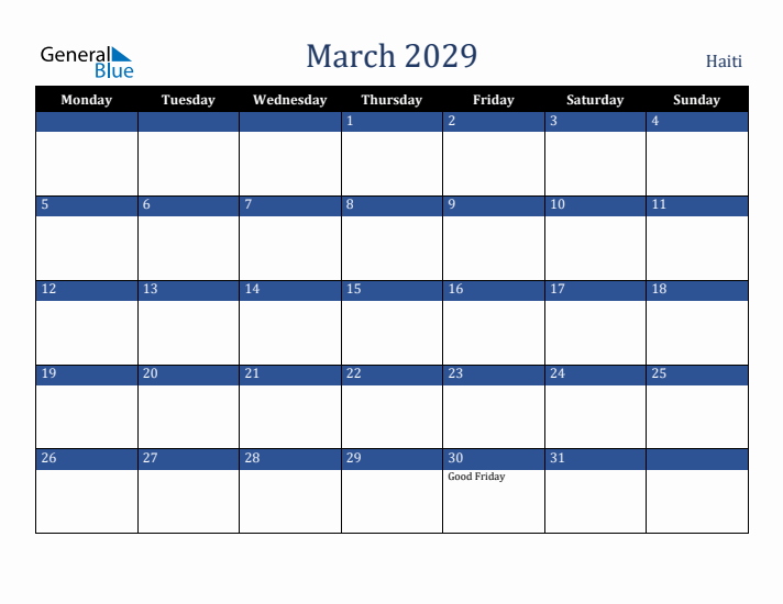 March 2029 Haiti Calendar (Monday Start)