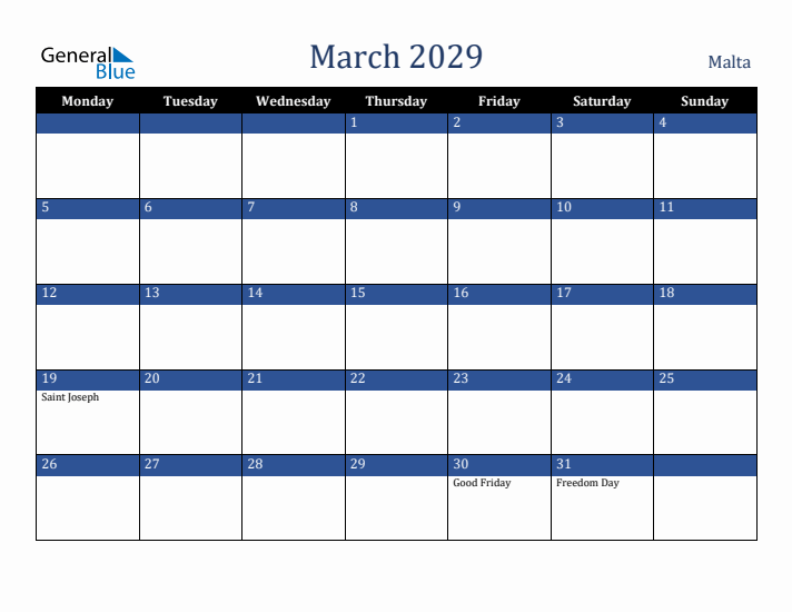 March 2029 Malta Calendar (Monday Start)