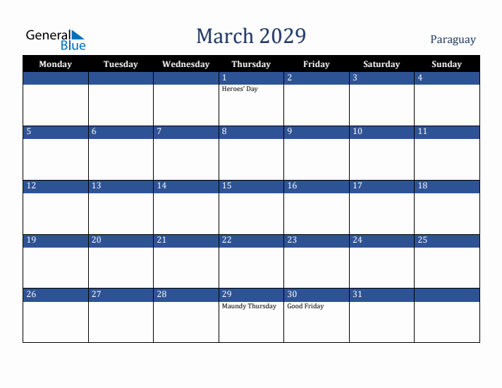 March 2029 Paraguay Calendar (Monday Start)