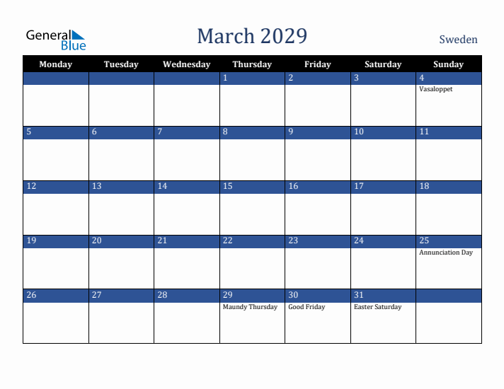 March 2029 Sweden Calendar (Monday Start)
