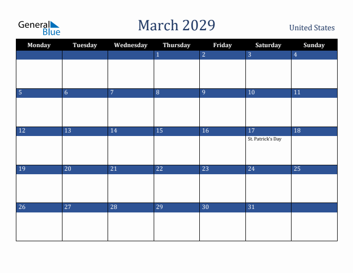 March 2029 United States Calendar (Monday Start)