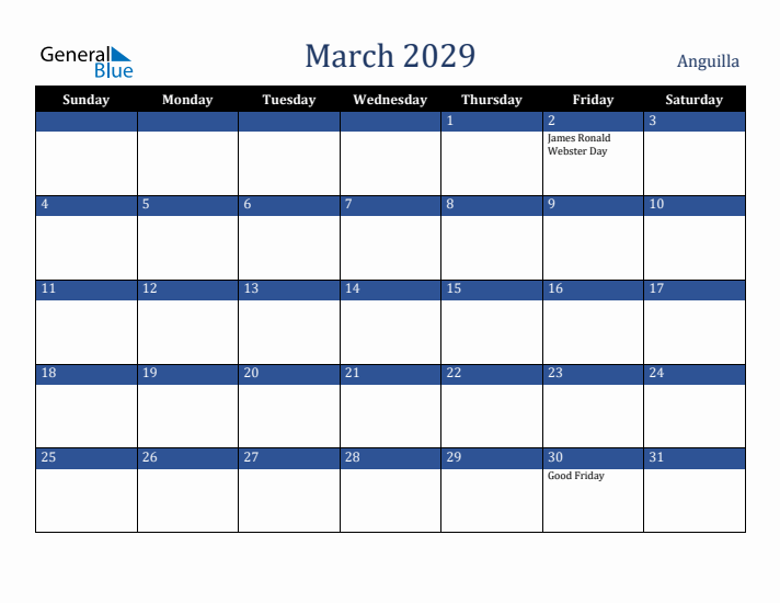 March 2029 Anguilla Calendar (Sunday Start)